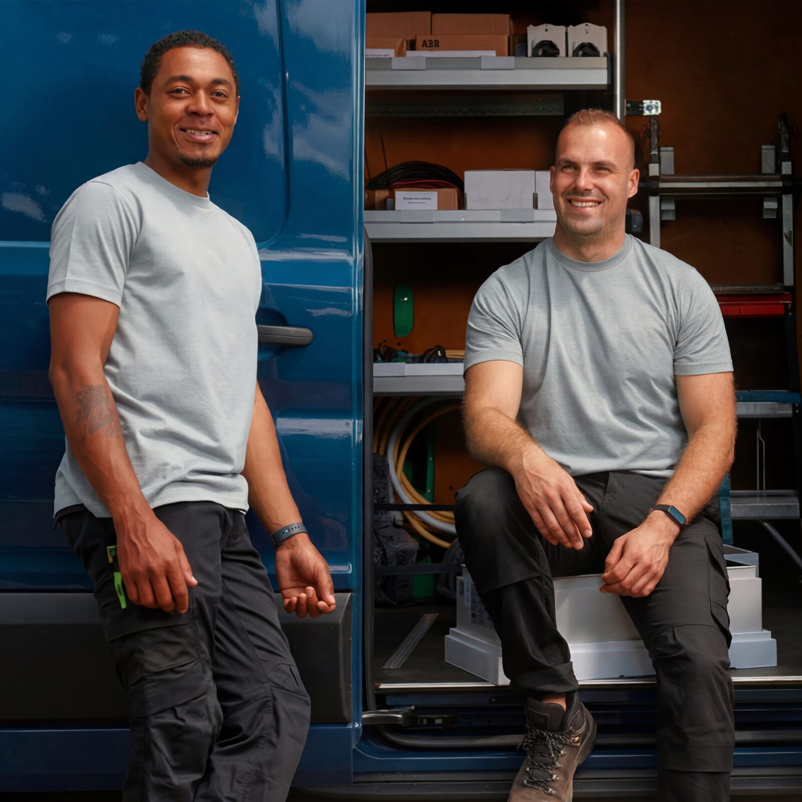 Twee Zonneplan-monteurs bij een servicebus