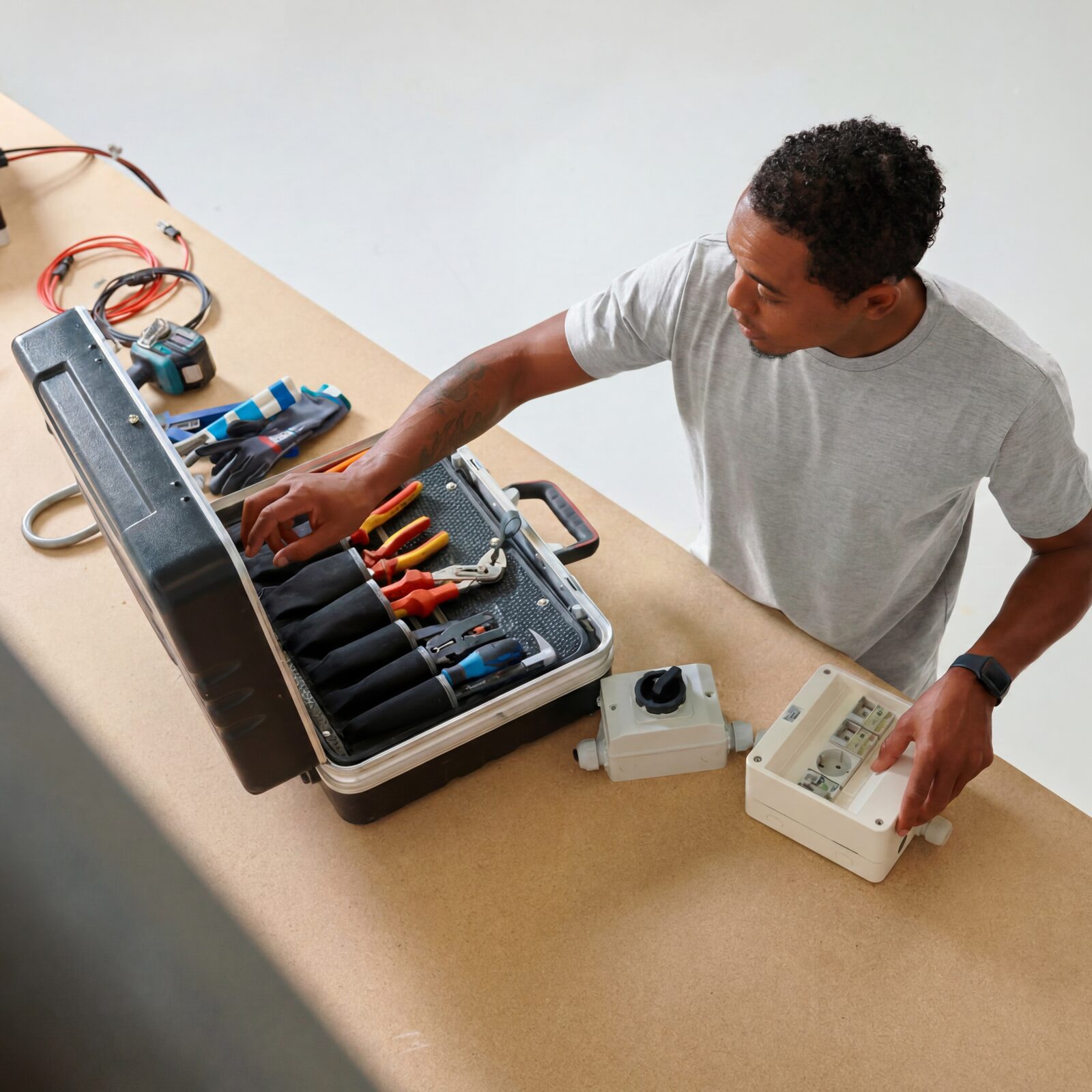 Installateur legt gereedschap en materiaal klaar op een werkbank