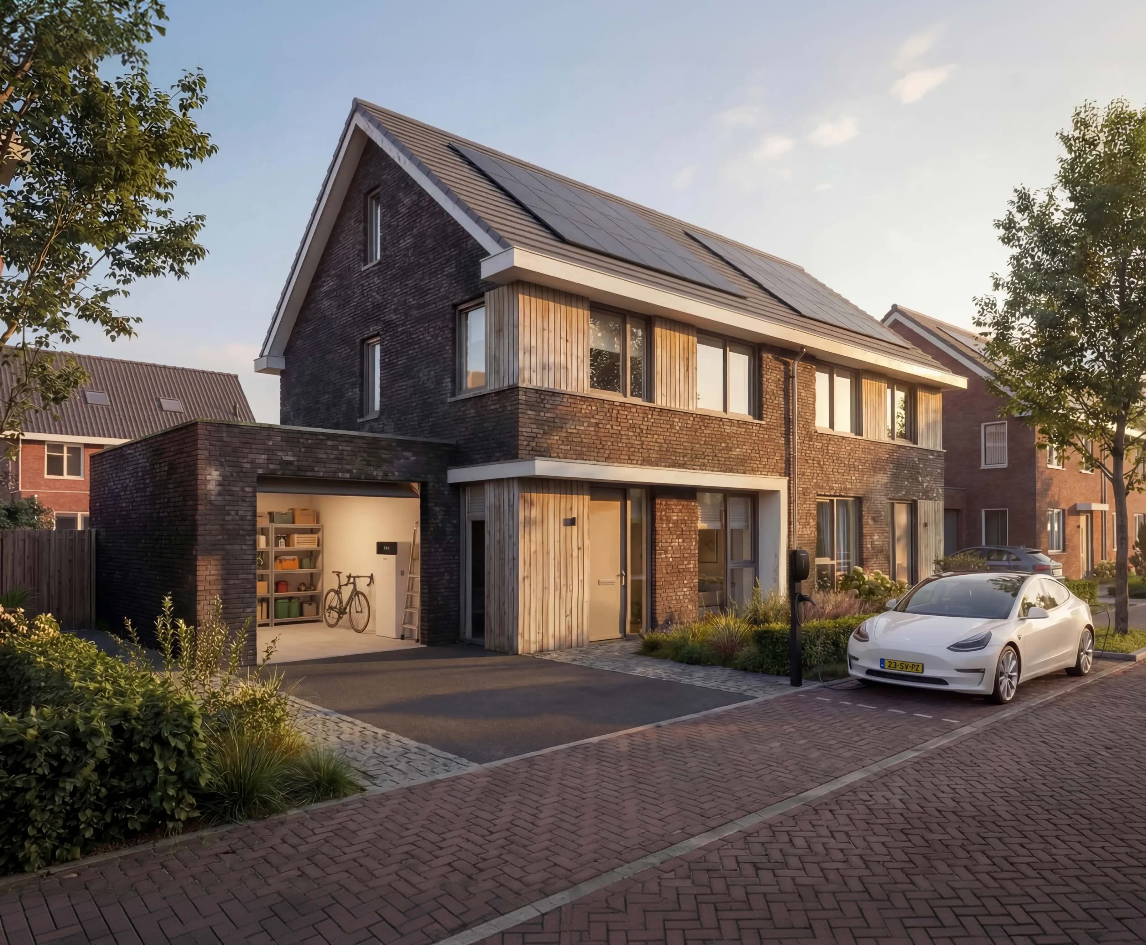 Een huis met zonnepanelen op het dak, een thuisbatterij in de garage en een laadpaal met elektrische auto voor de deur.