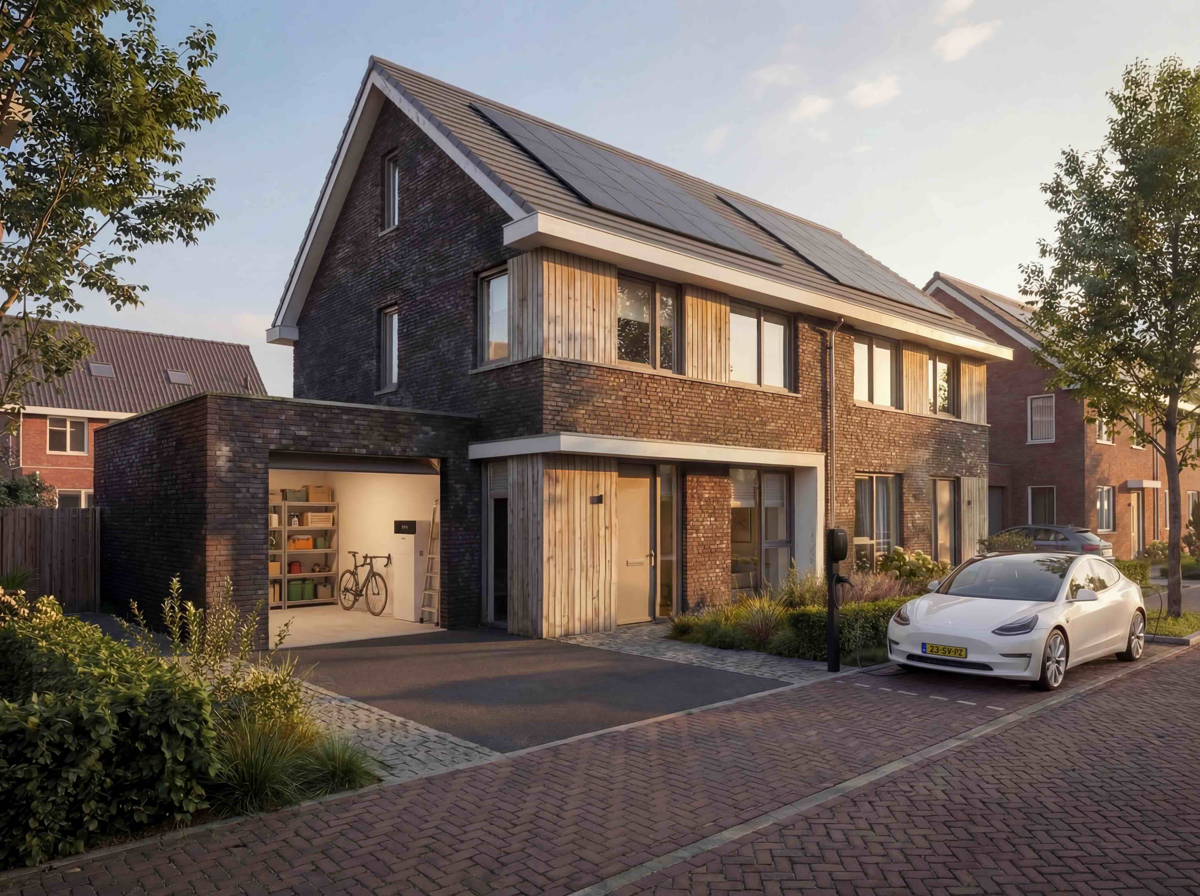 Een huis met zonnepanelen op het dak, een thuisbatterij in de garage en een laadpaal met elektrische auto voor de deur.