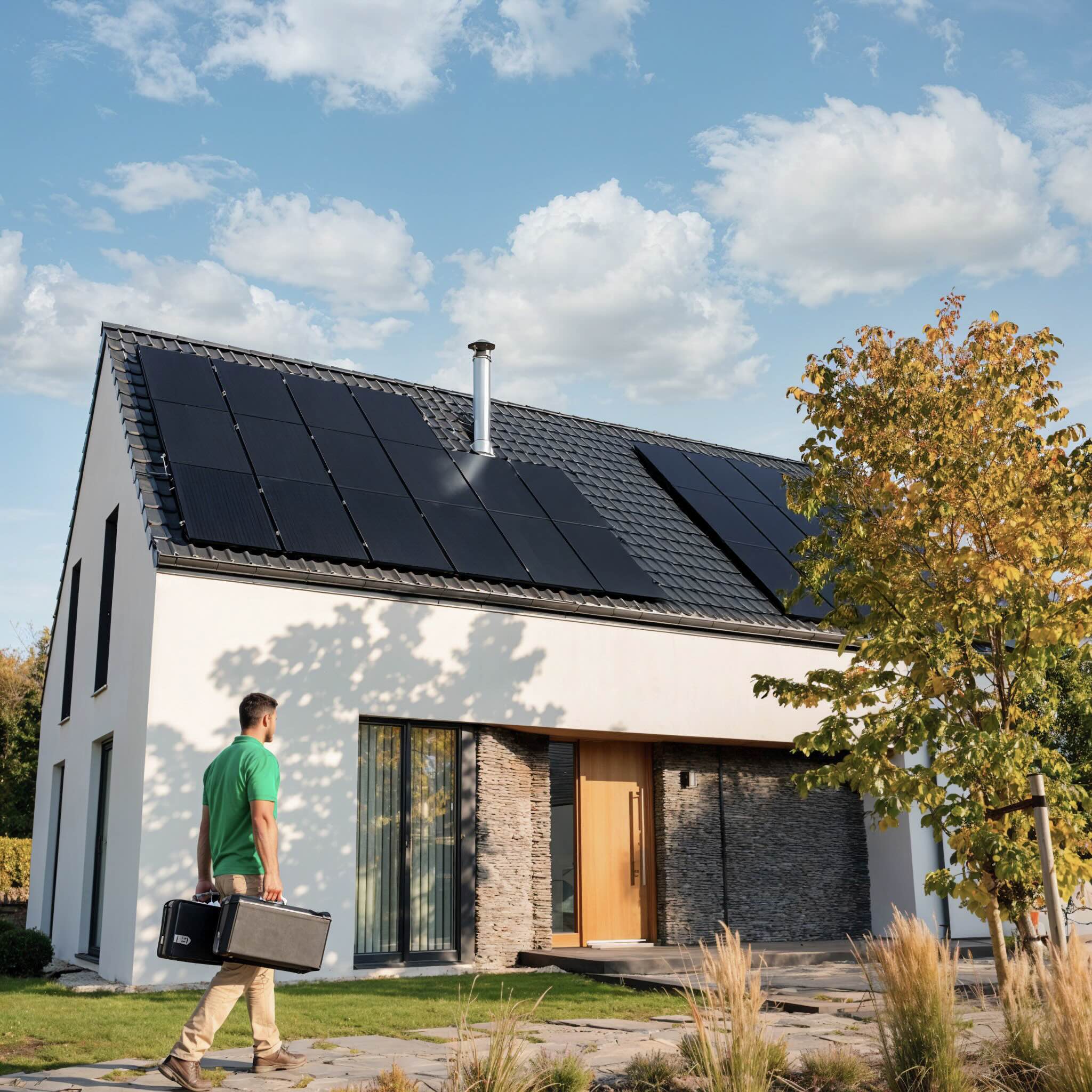 Een Zonneplan monteur loopt naar het huis van een klant
